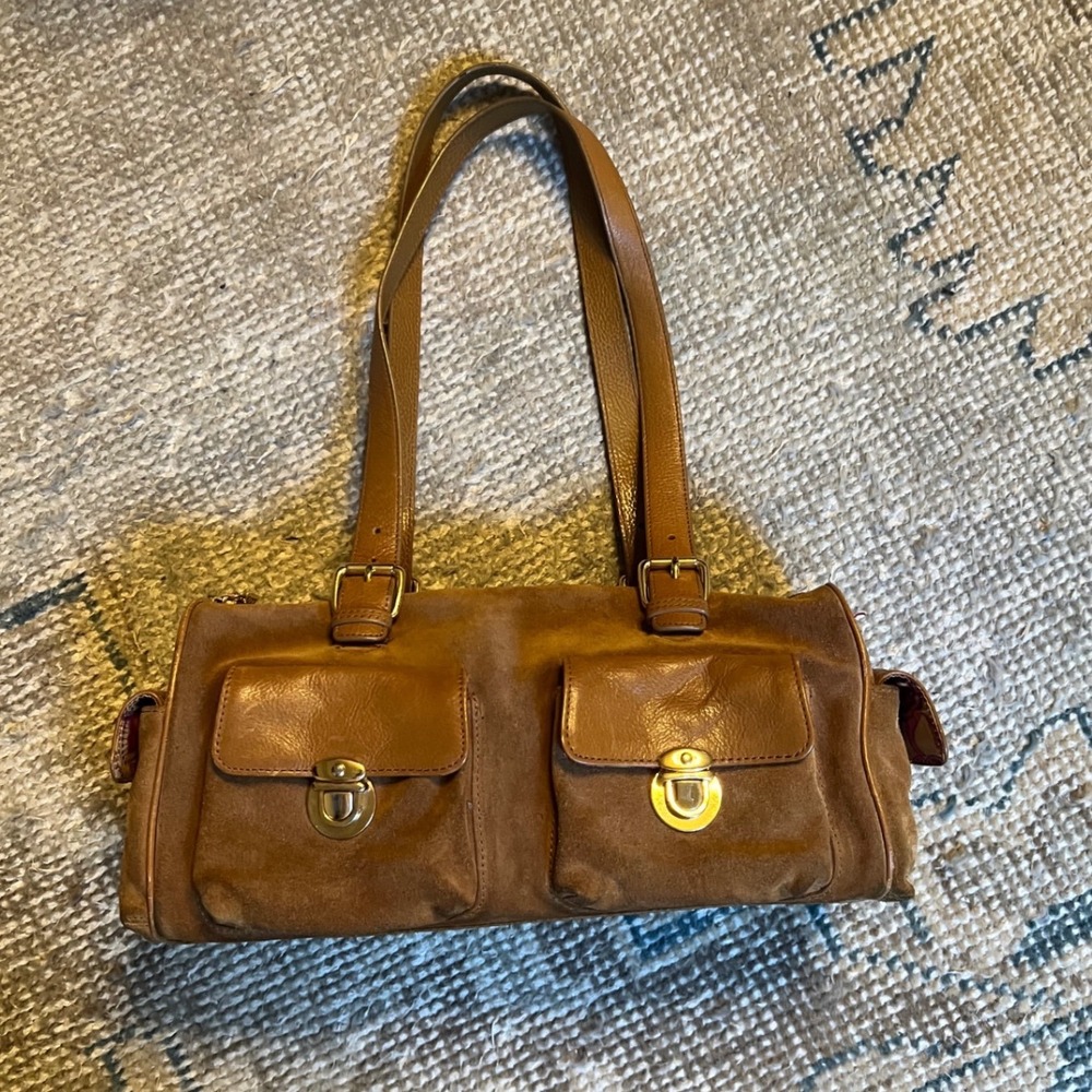 Vintage y2kSuede Leather Shoulder Bag Satchel with Turn Lock Pockets Gold Tone